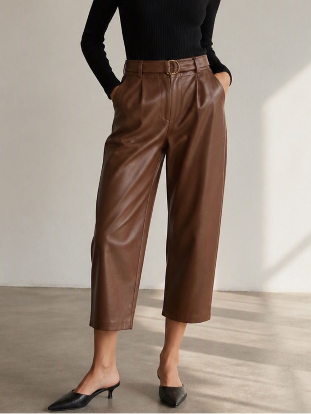 Marc New York Brown Faux Leather Wide Leg Pants Belted Size 10